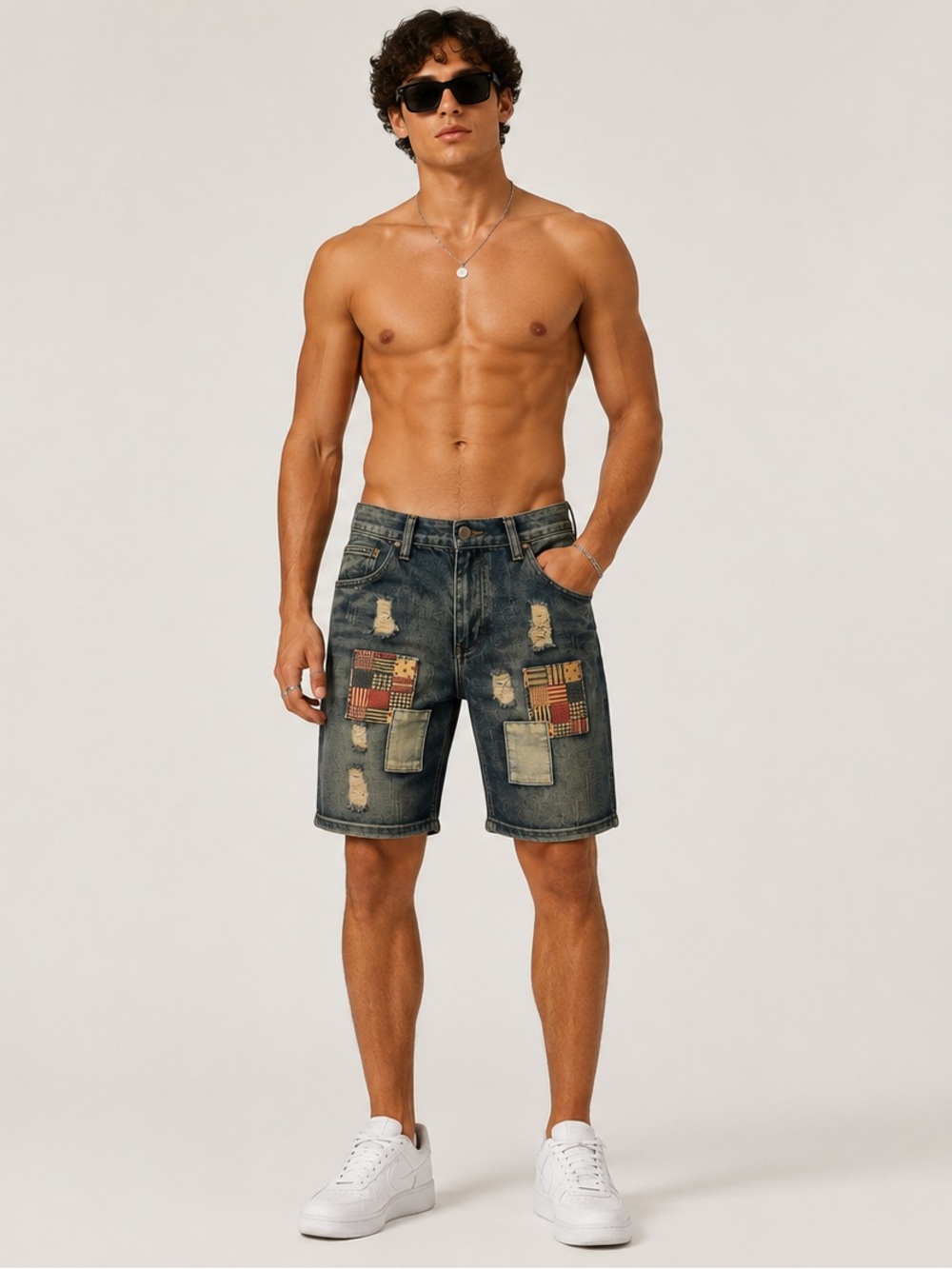 Men's Plaid Patch Distressed Denim Shorts - Blue